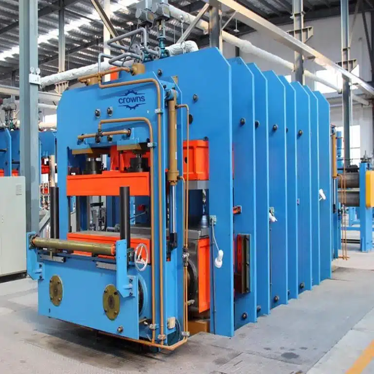 Crowns Machinery industrial vulcanizing press line, equipped for high-volume rubber product manufacturing
